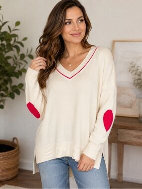 Studio Park Cream Sweater Pink Heart Elbow Patch V Neck Oversized Large